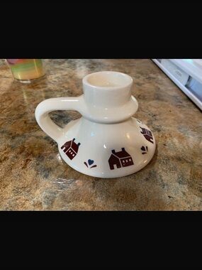 Vintage Ceramic Chamberstick Candle Holder with House Motif - Cream & Brown